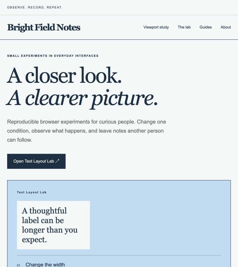 Bright Field Notes homepage at an 800 CSS-pixel viewport with the hero text above the blue Text Layout Lab preview.
