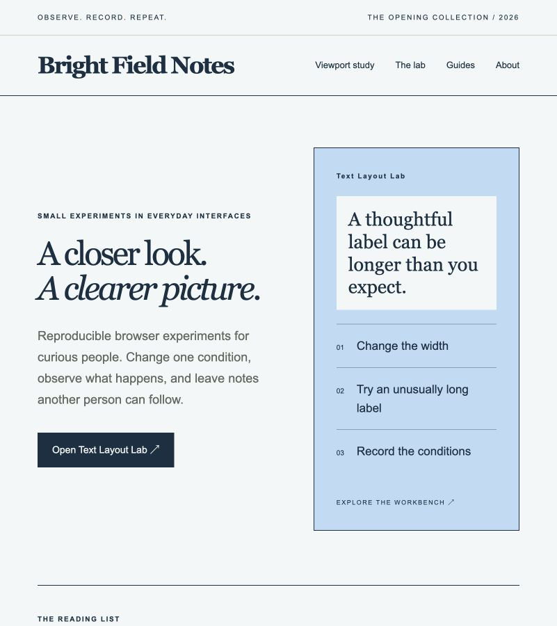 Bright Field Notes homepage at an 801 CSS-pixel viewport with the hero text and blue Text Layout Lab preview side by side.